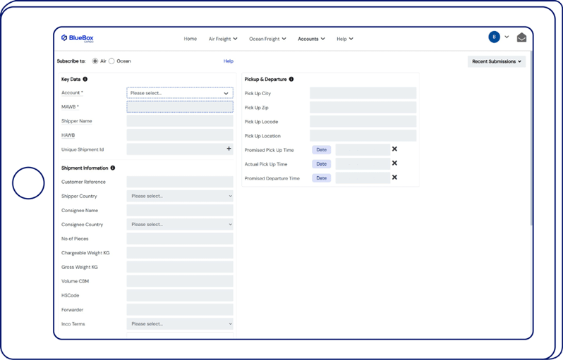 BlueBoxCargo interface for air and ocean freight subscriptions, with fields for MAWB, shipment details, pickup info, and cargo management.