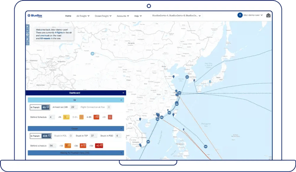 BlueBox Cargo: dashboard including map showing actual shipping data