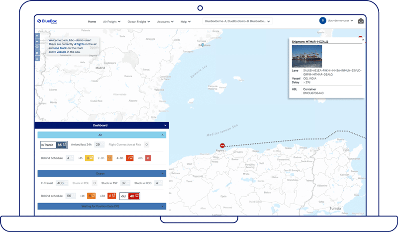 BlueBoxCargo dashboard showing various filters to show delayed vessels and airplanes