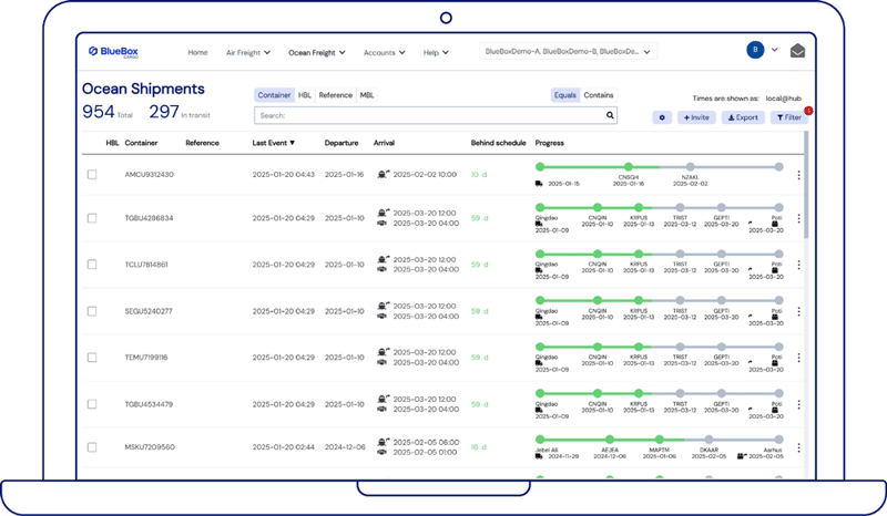 BlueBoxCargo interface shows an overview of all ocean cargo containers that are tracked.