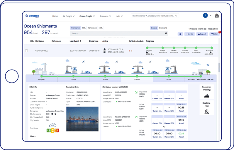 BlueBoxCargo interface shows the detailed view of an ocean freight shipment with ATA/ETA, container weight, delay information, carrier and vessel details, transshipment ports, and even container status updates. 